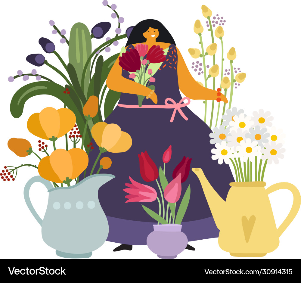 Frau mit Blumen Blume Mädchen Gärtner oder Pflanze Frau mit Blumen Blume Mädchen Gärtner oder Pflanze vektorbild
