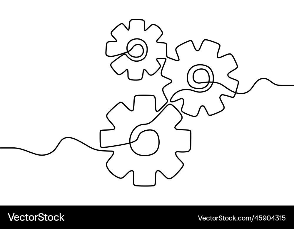 One continuous line of moving gears wheels round One continuous line of moving gears wheels round Vector Image