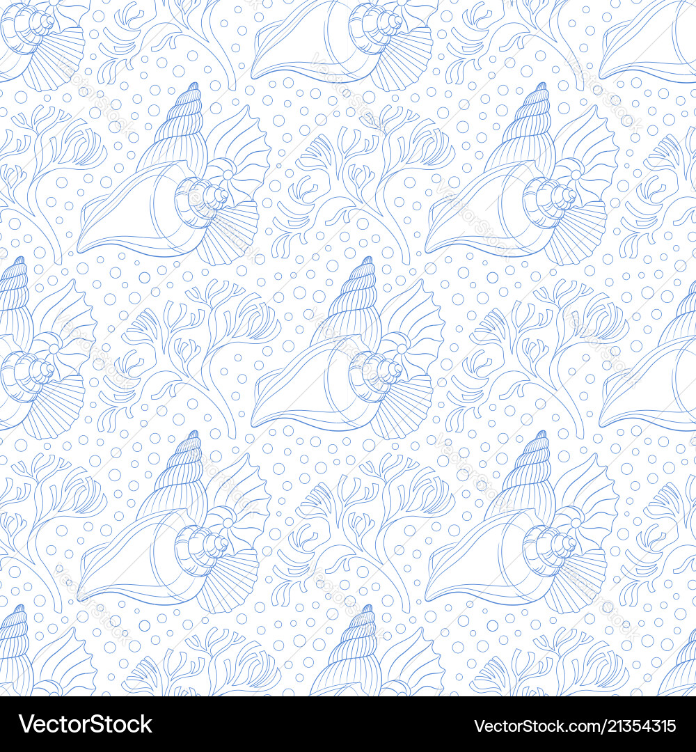 Seamless pattern with seashells algae and bubbles vector image