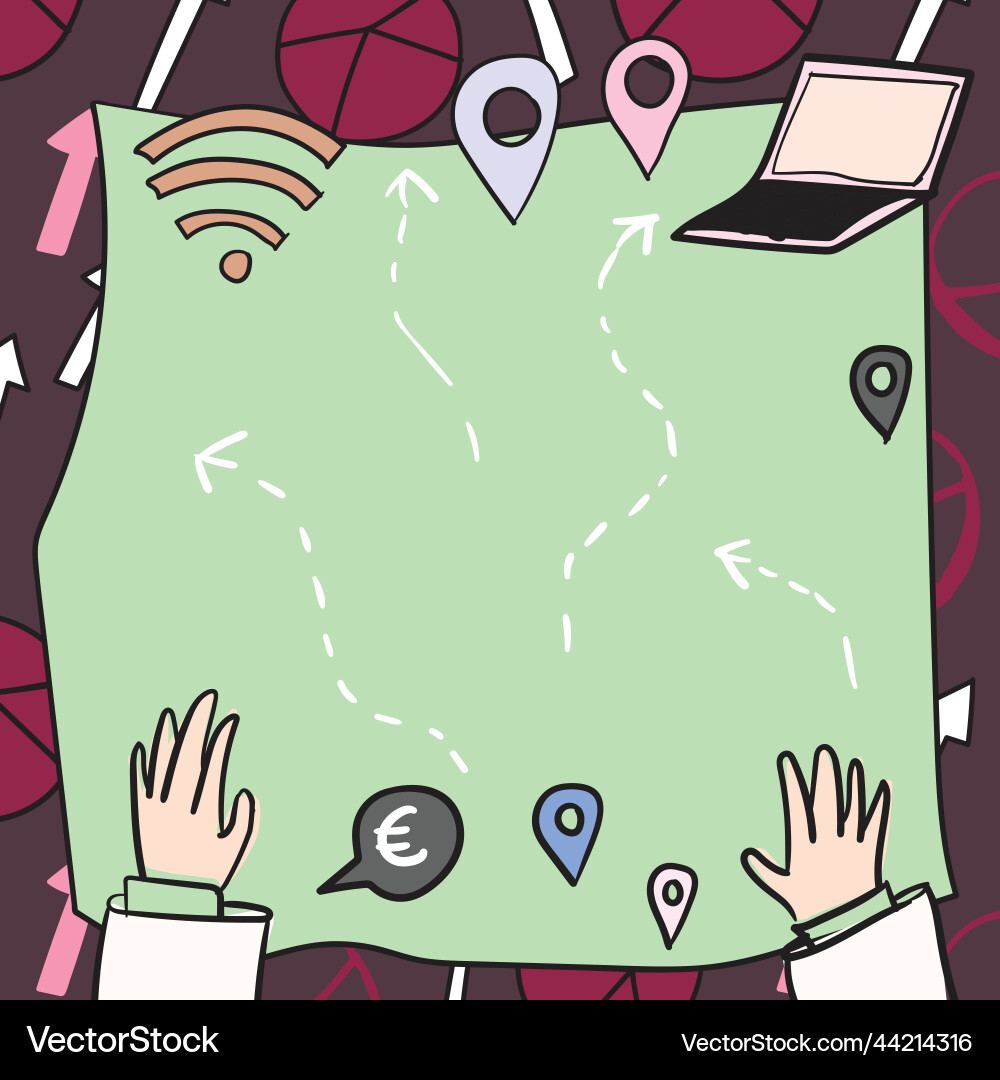 Hands on blueprint with routes and ways leading Hands on blueprint with routes and ways leading vector image