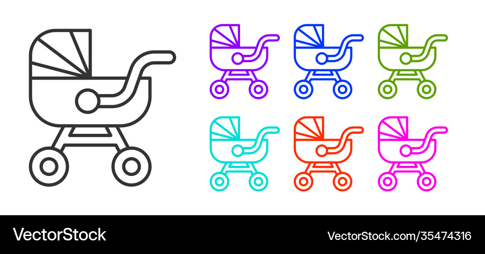 Schwarze Linie Baby Kinderwagen Ikone isoliert auf weiß Schwarze Linie Baby Kinderwagen Ikone isoliert auf weiß vektorbild