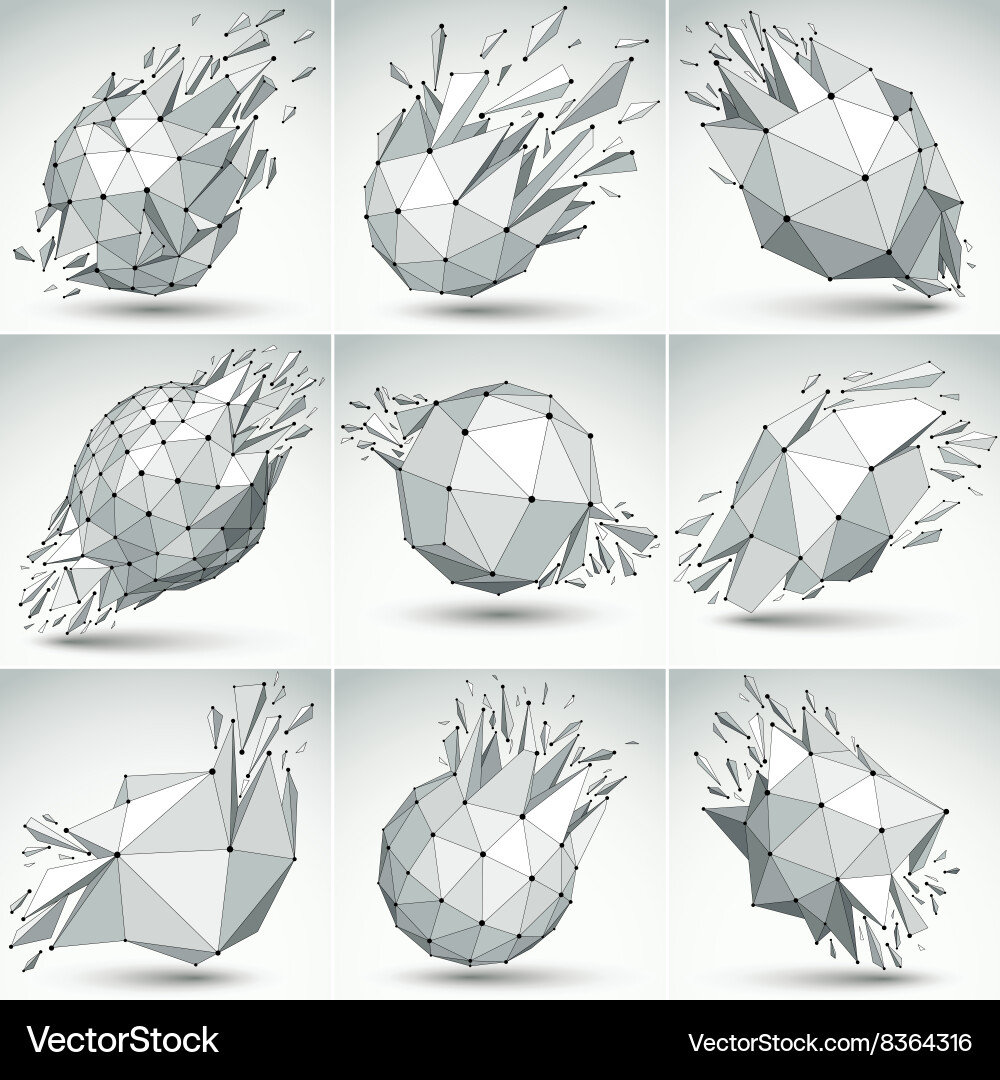Set of 3d low poly objects with black connected vector image