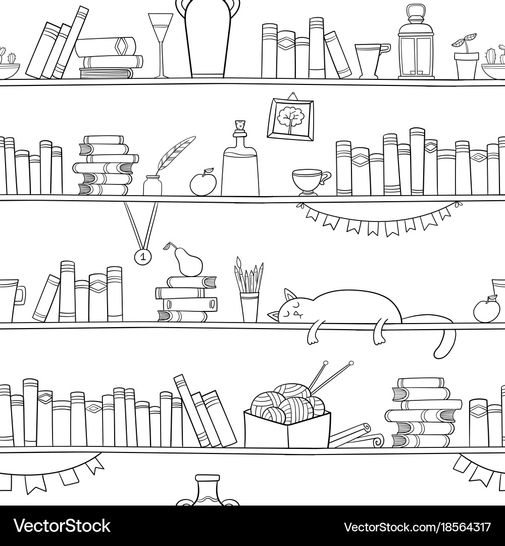 Bookshelf with Cat - Seamless Pattern vector image