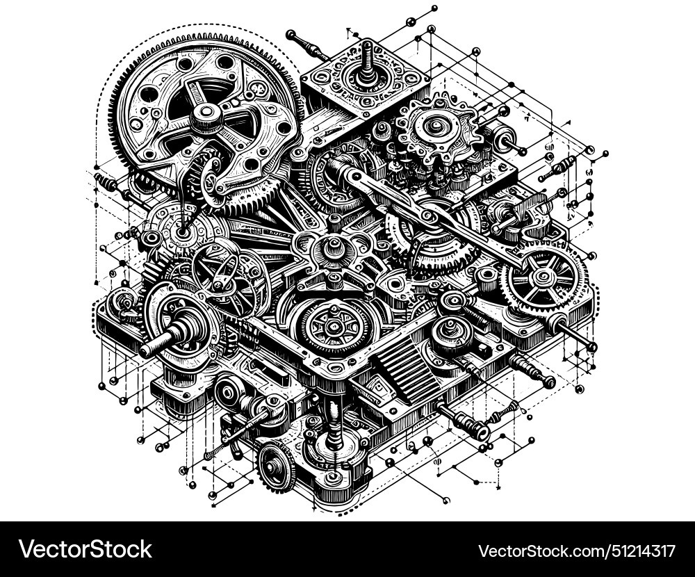 Complex mechanism in a cube sketch board Complex mechanism in a cube sketch board vector image