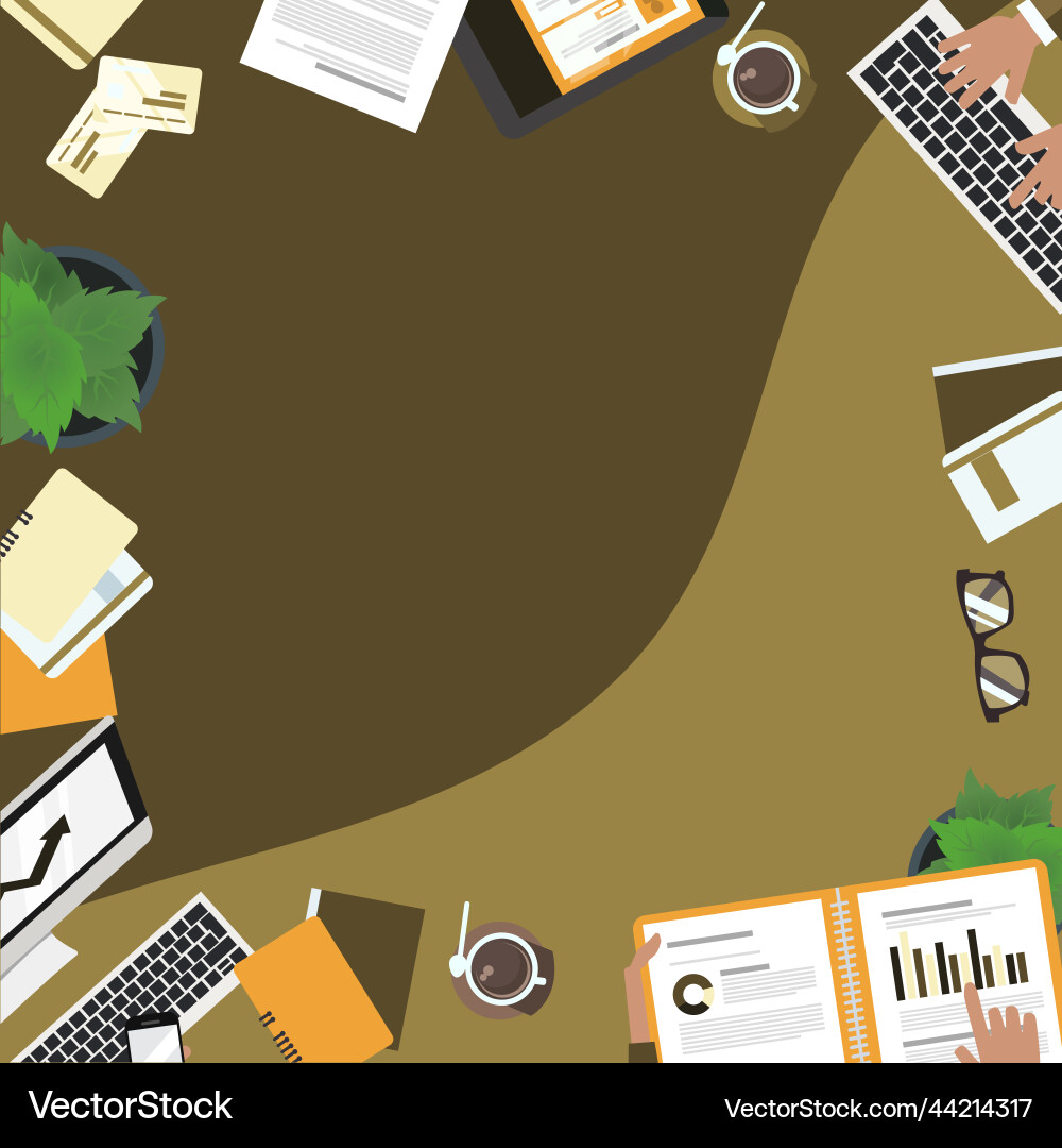 Flat view work table with colagues preparing Flat view work table with colagues preparing Vector Image