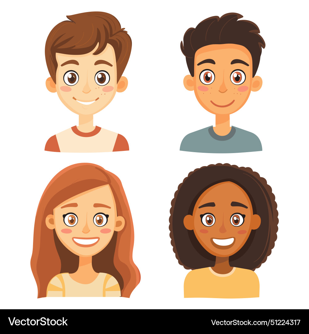 Four diverse cartoon children smiling joyfully Four diverse cartoon children smiling joyfully vector image