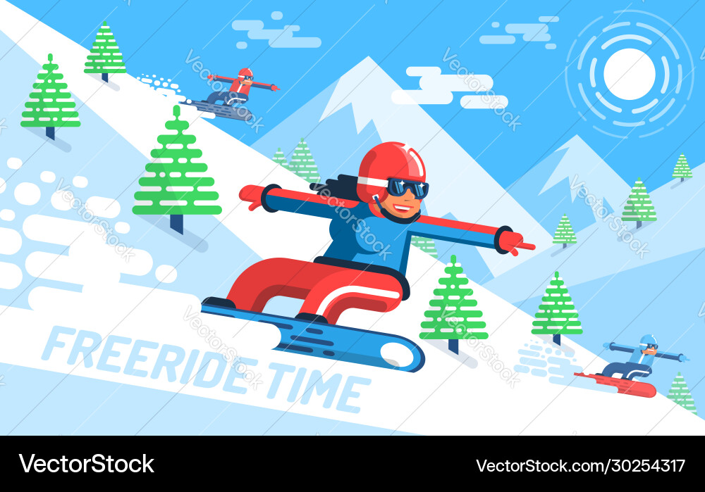 Girl snowboarder rushes down on slope among Girl snowboarder rushes down on slope among vector image