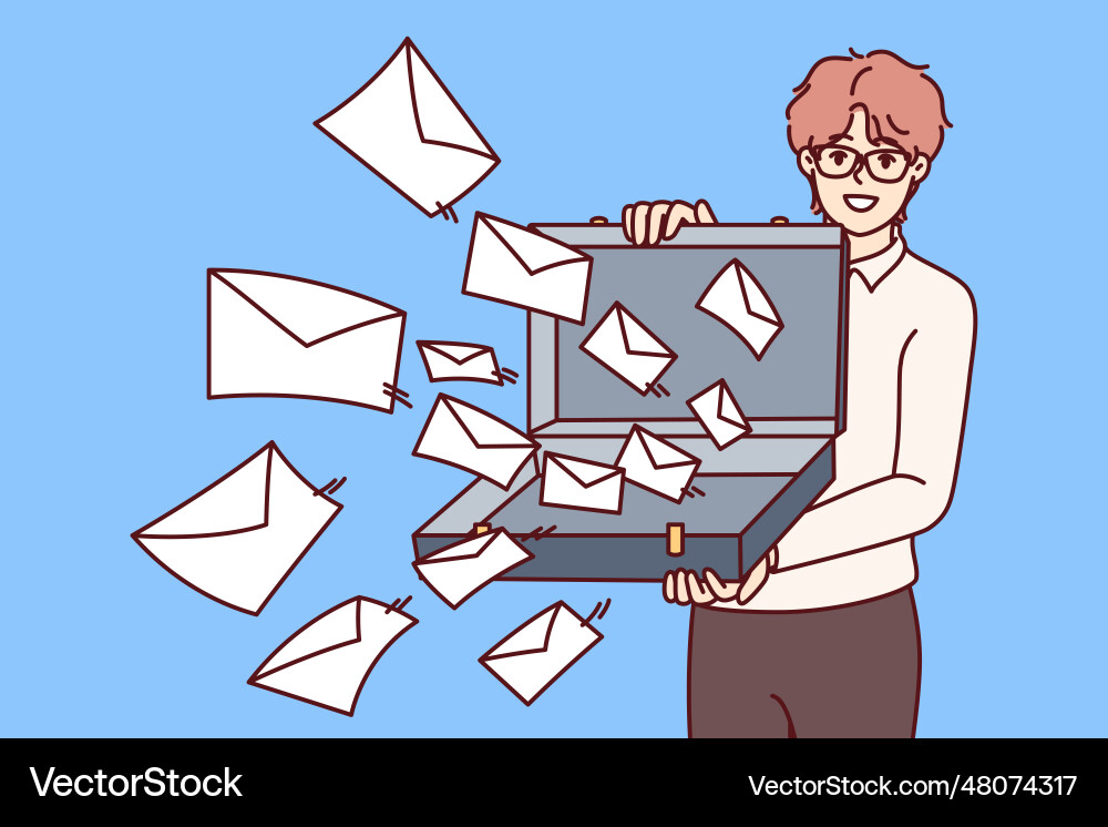 Man opens case with letters symbolizing mailing vector image
