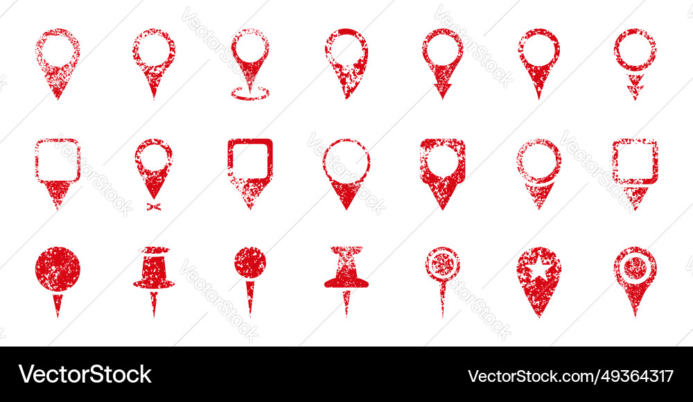 Map pointer grunge icon set red location pin Map pointer grunge icon set red location pin vector image