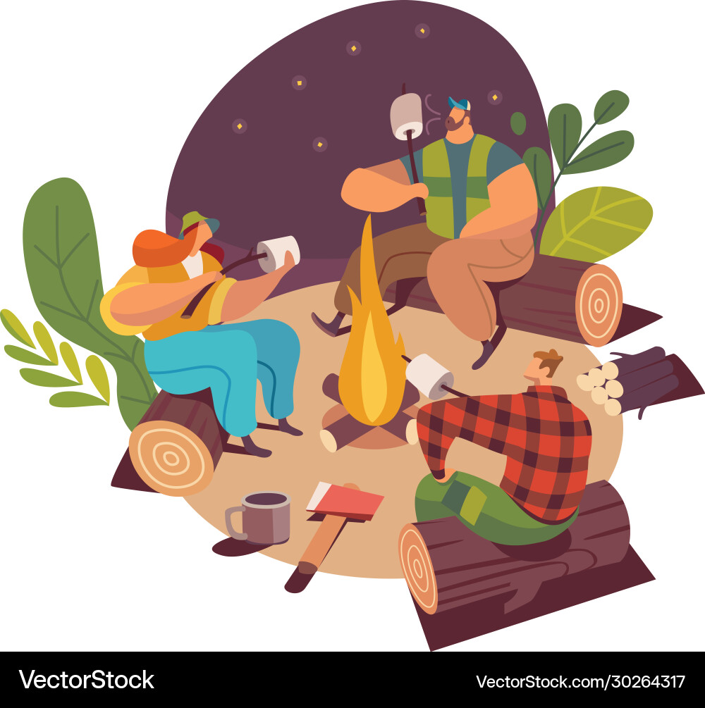 Outdoor night party with bonfire male and female Outdoor night party with bonfire male and female vector image
