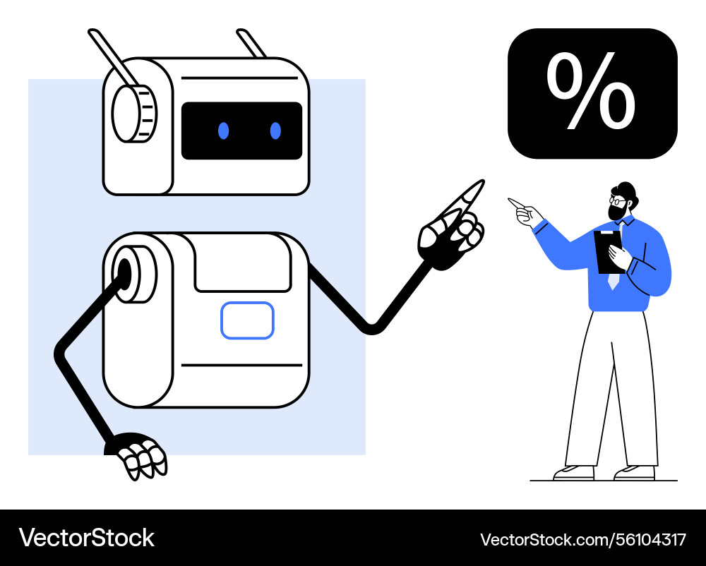 Robot and businessman discussing analytics Robot and businessman discussing analytics Vector Image
