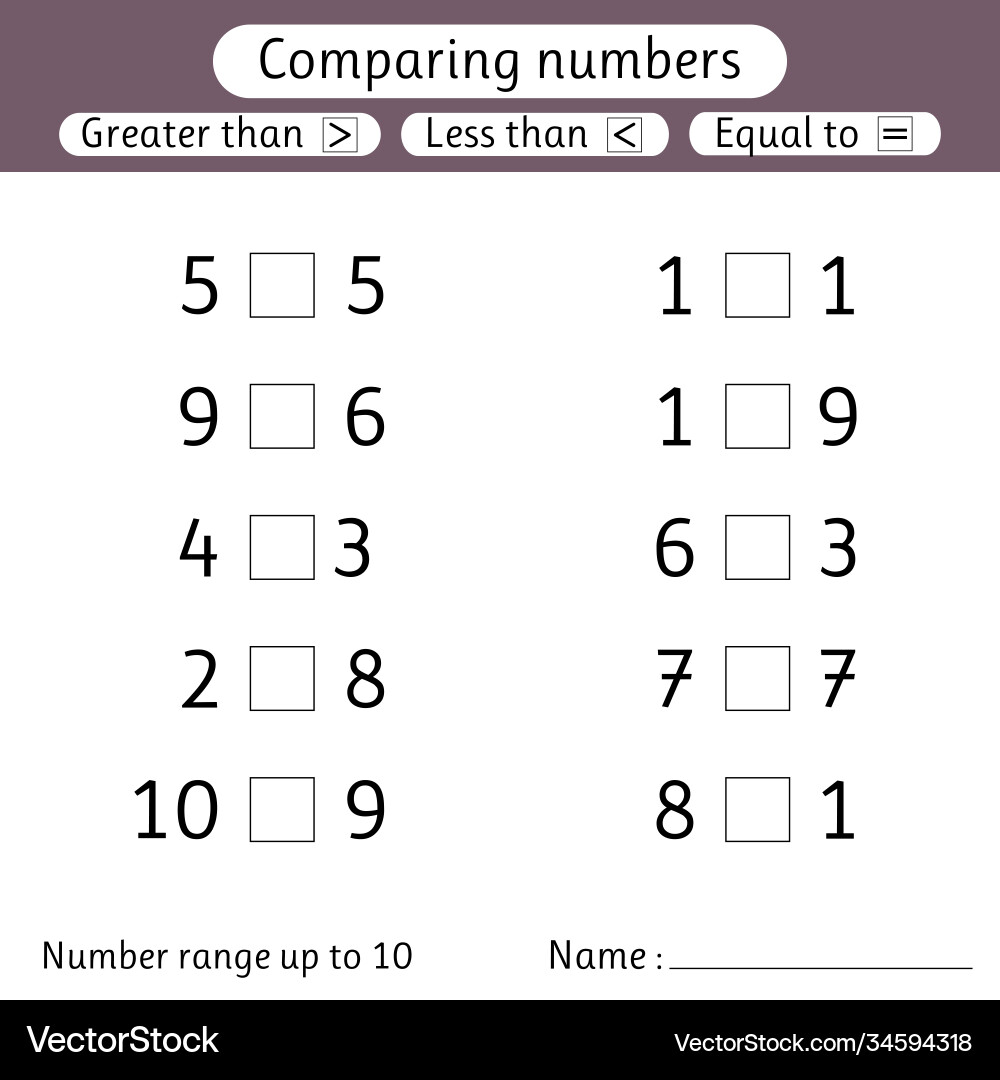 Comparing Numbers: Less Than, Greater Than, Equal vector image