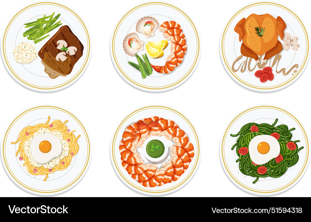Sechs Teller mit verschiedenen Appetitschalen Sechs Teller mit verschiedenen Appetitschalen vektorbild