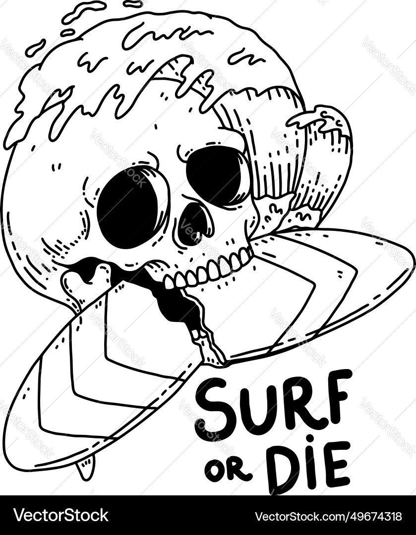 Skull with surfing board and wave design element Skull with surfing board and wave design element vector image