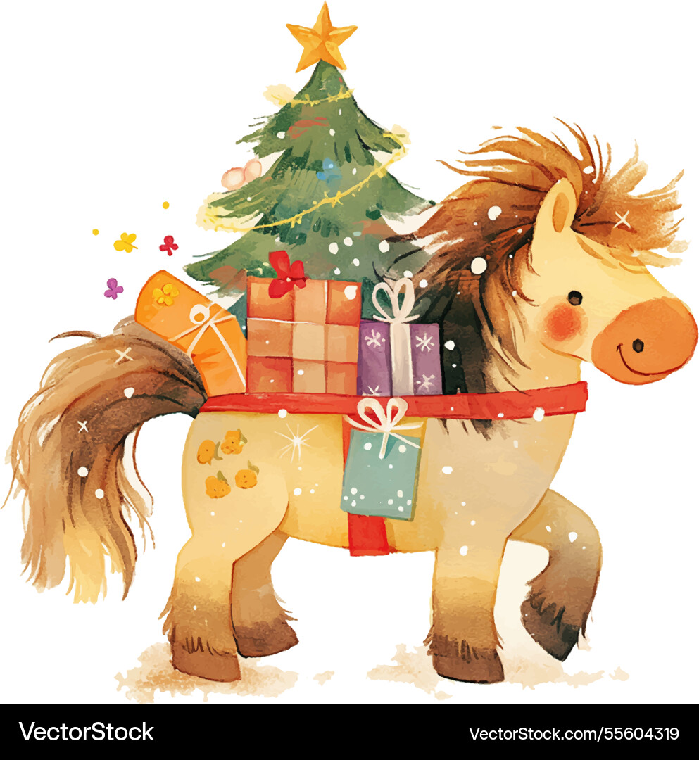 A white horse is pulling cart with christmas A white horse is pulling cart with christmas vector image