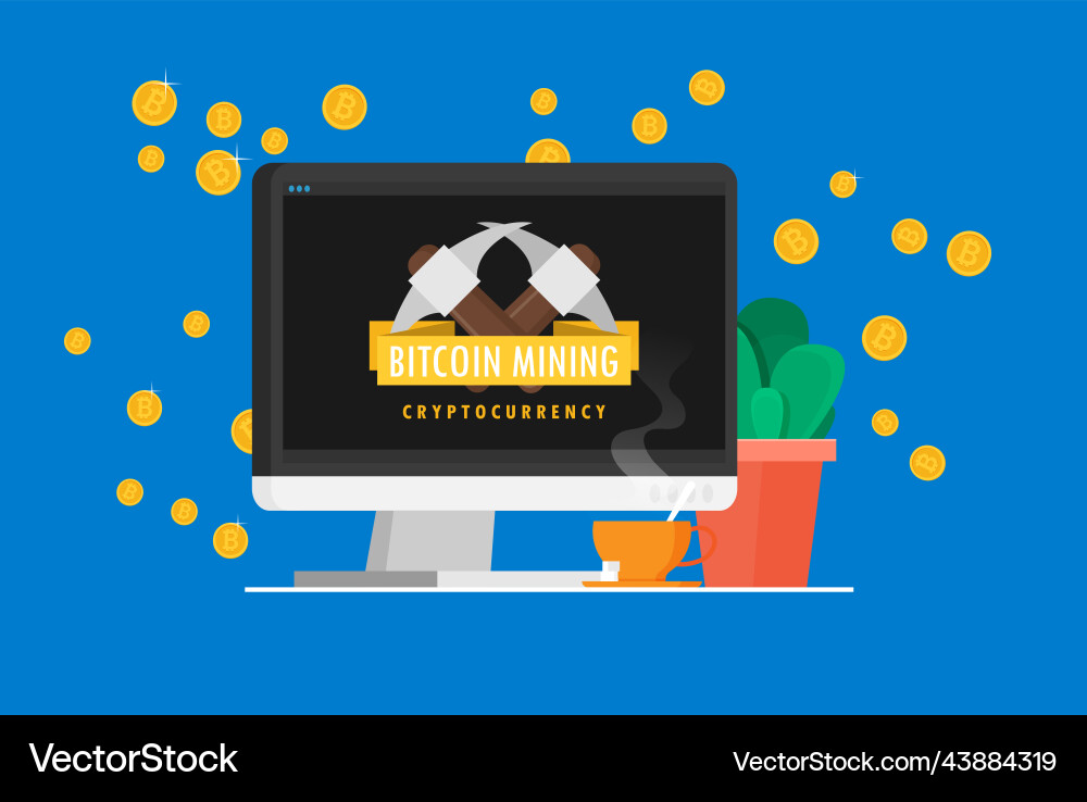 Bitcoin mining concept with pickaxe and coin flat vector image