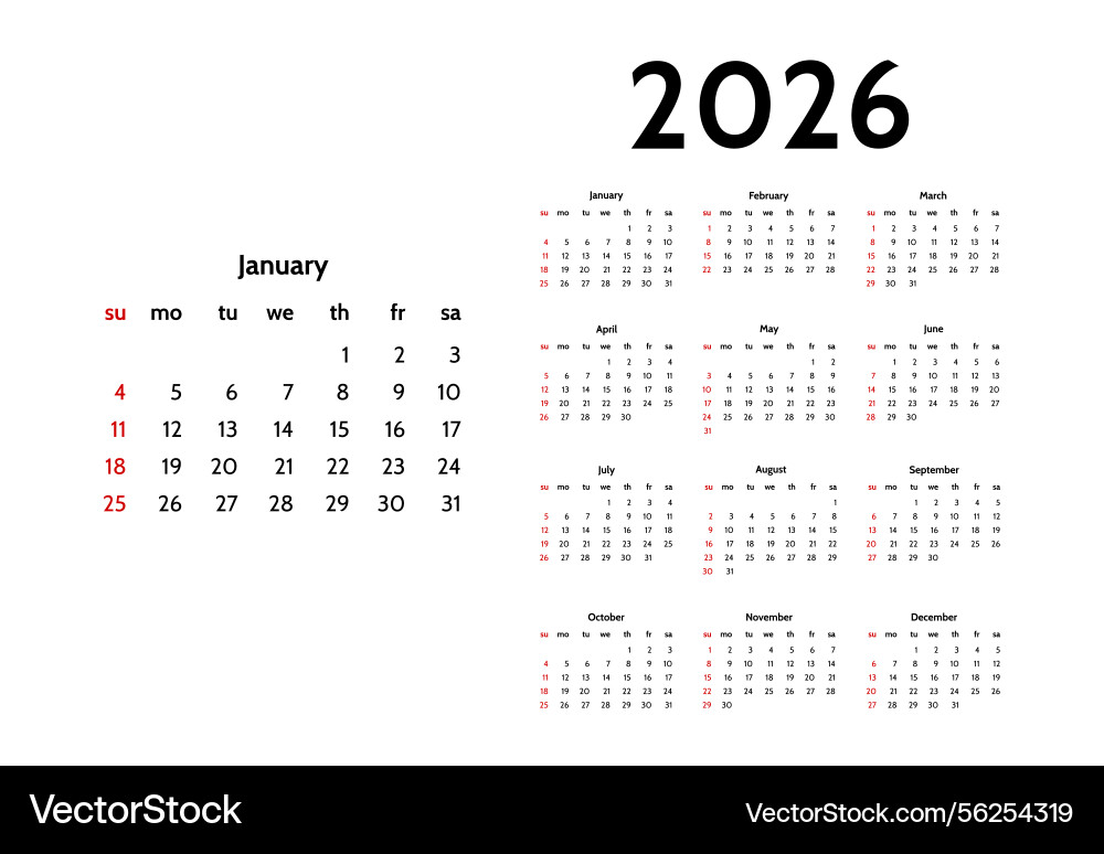 Calendar for 2026 isolated on a white background Vector Image