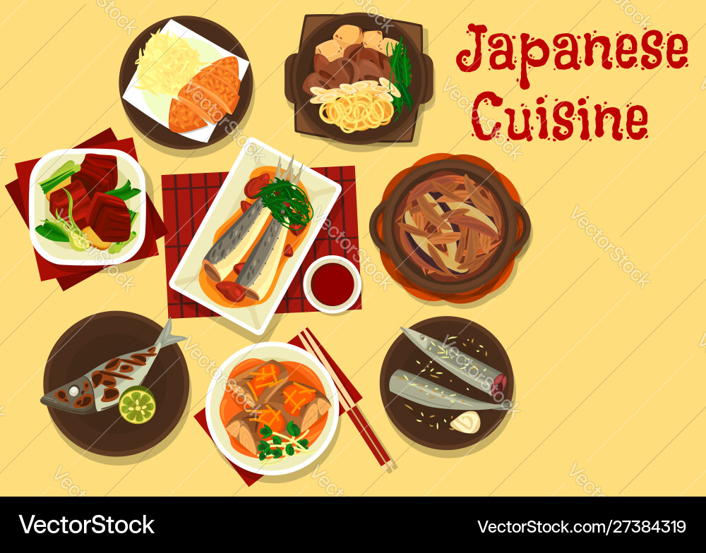 Japanese fish and meat dishes with vegetables Japanese fish and meat dishes with vegetables vector image