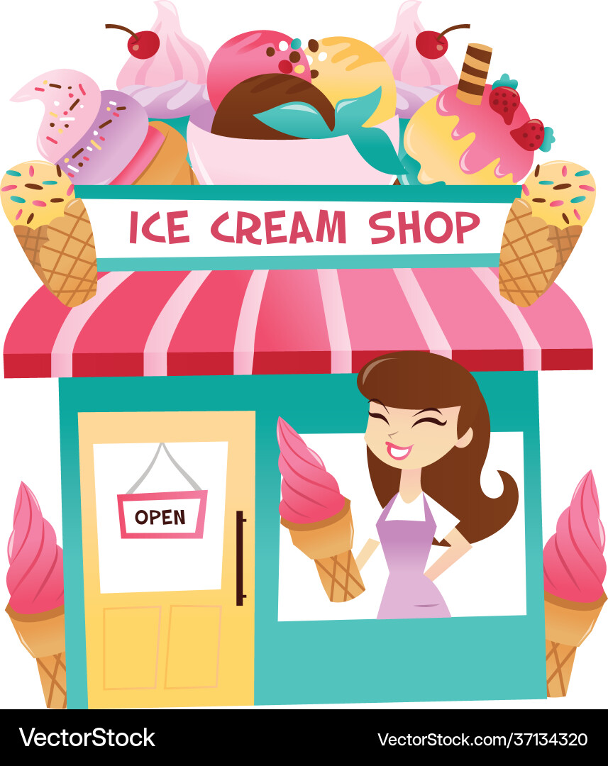 Cartoon ice cream shop with storekeeper Cartoon ice cream shop with storekeeper vector image