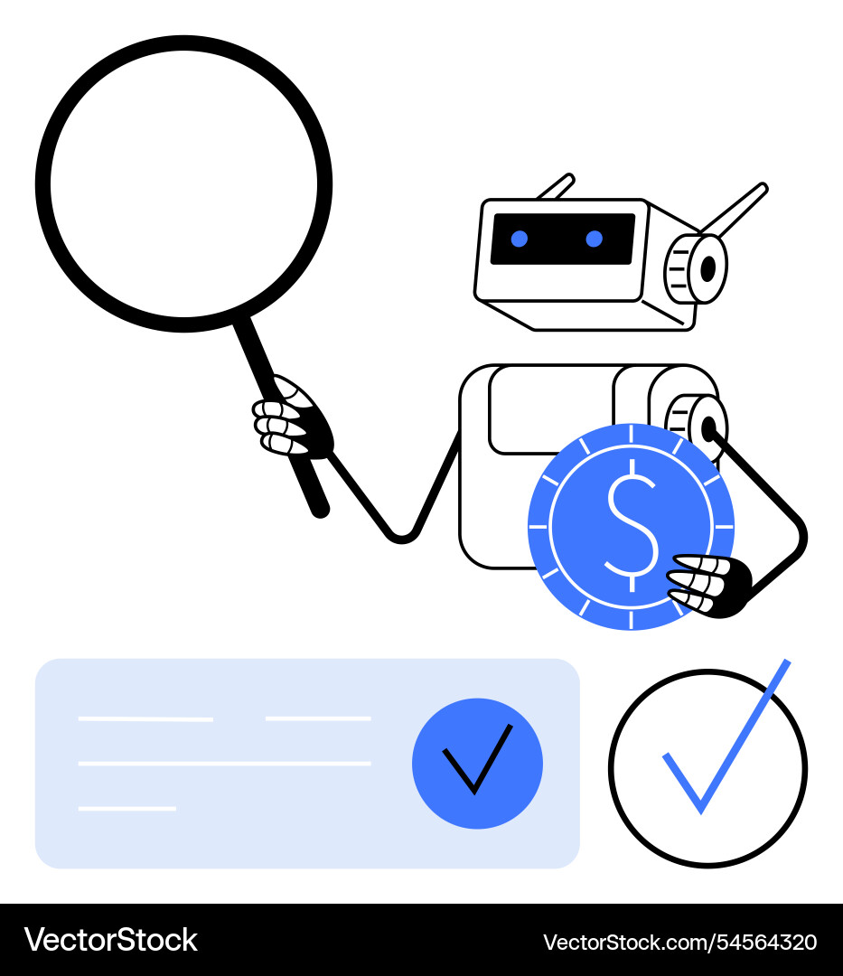 Robot analyzing financial data with magnifying Robot analyzing financial data with magnifying vector image