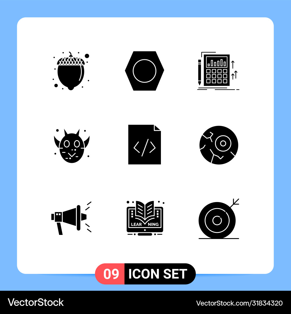 Set 9 solid glyphs on grid for html code vector image