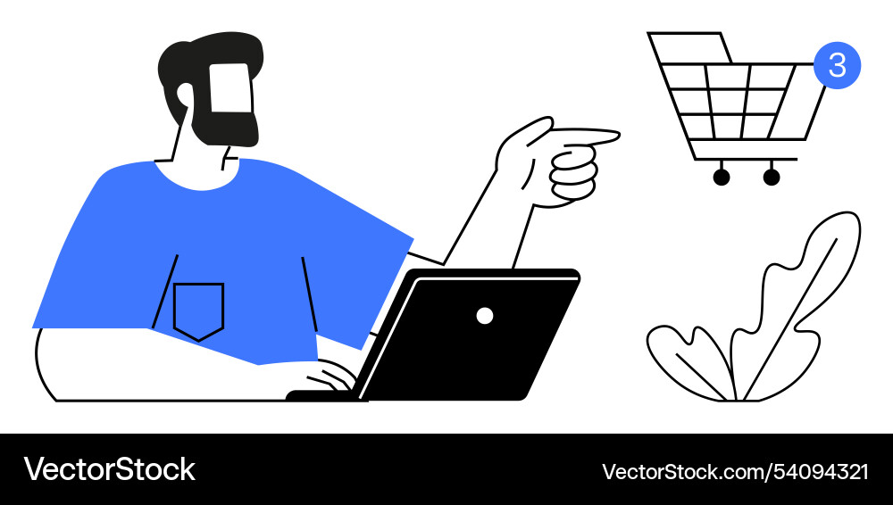 Man pointing at shopping cart notification near Man pointing at shopping cart notification near vector image