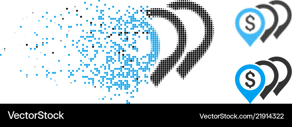 Broken pixelated halftone dollar map pointers icon Broken pixelated halftone dollar map pointers icon vector image