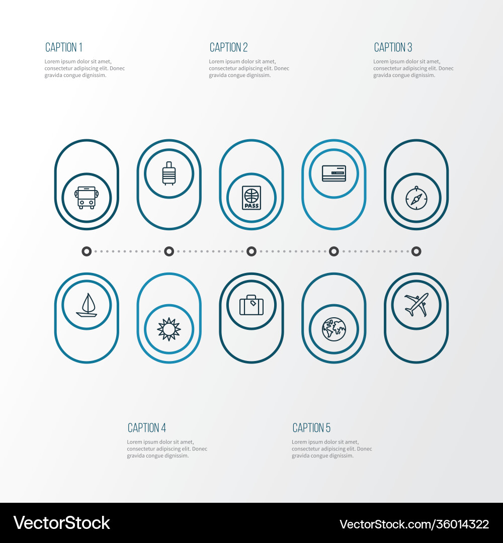 Journey icons line style set with bus sail boat Journey icons line style set with bus sail boat Vector Image