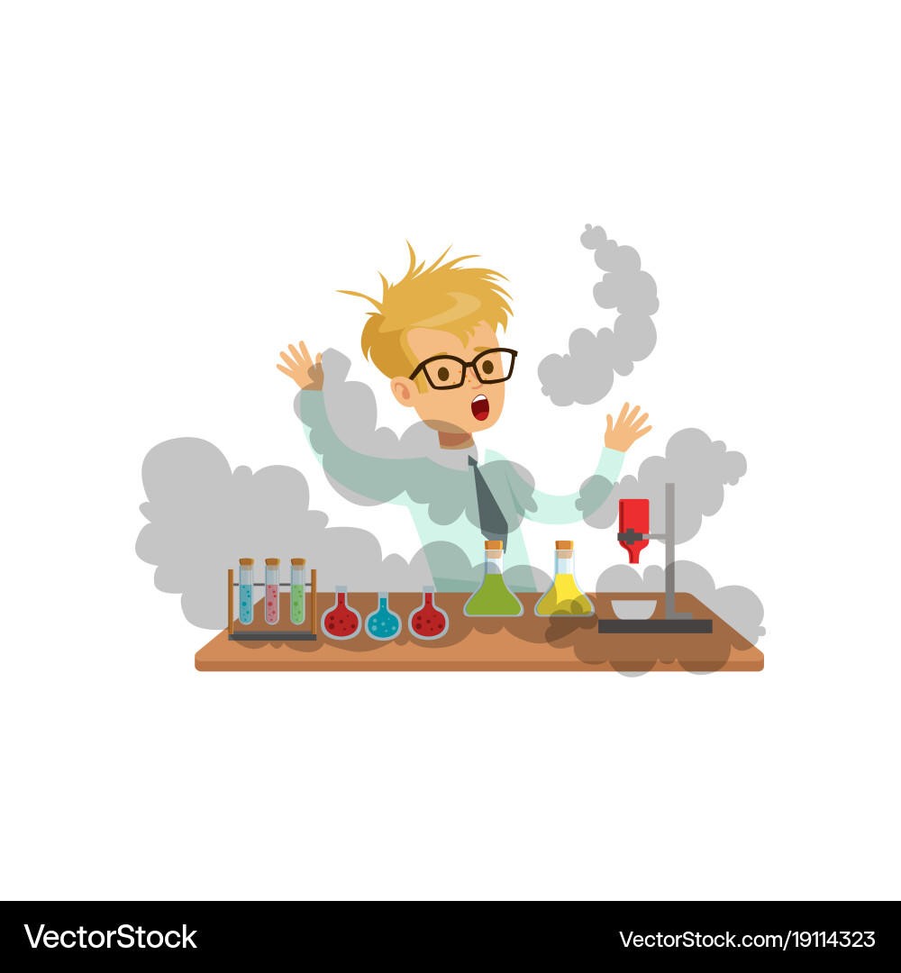 Boy scientist after a failed experiment mixture Vector Image