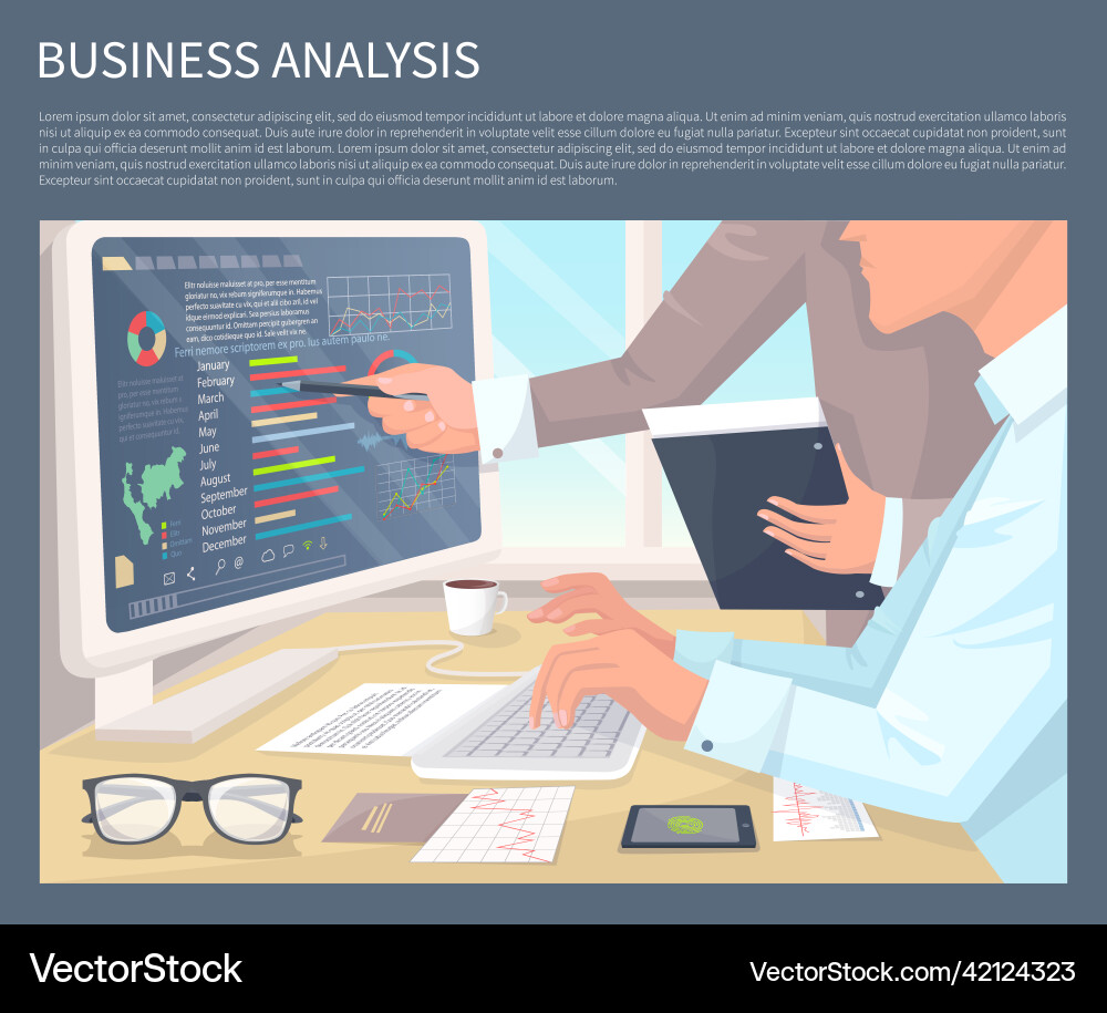 Business analysis on modern computer with graphics Business analysis on modern computer with graphics vector image