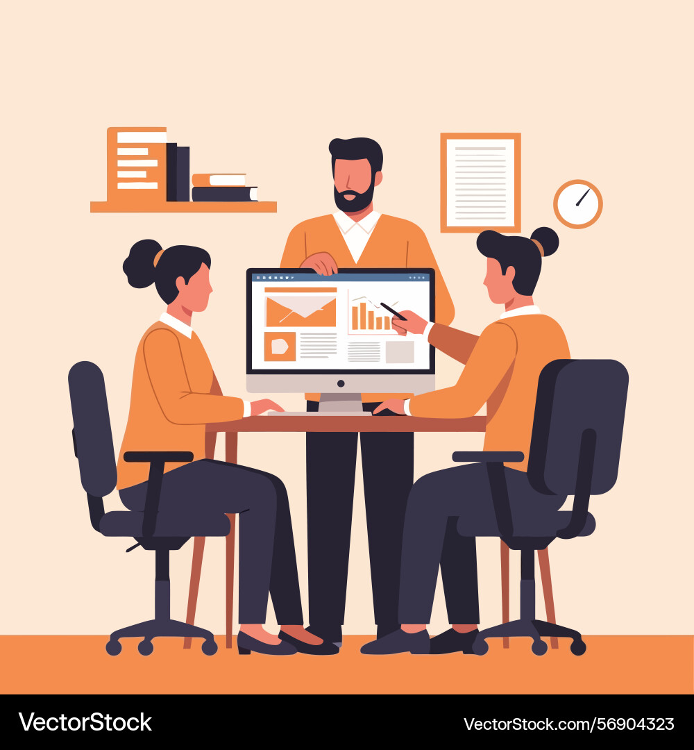 Business team analyzing data on computer Business team analyzing data on computer vector image
