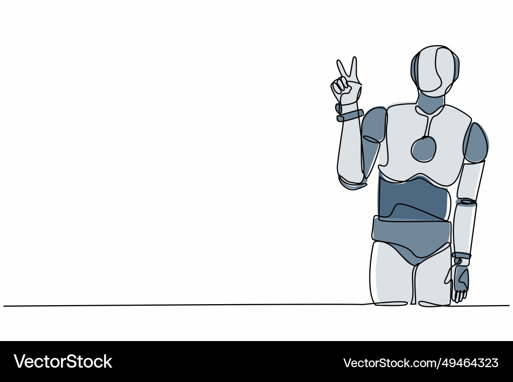 Continuous one line drawing robot standing with v Continuous one line drawing robot standing with v Vector Image