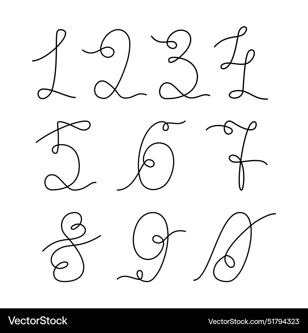 Hand drawn numbers 0 to 9 continuous line number vector image