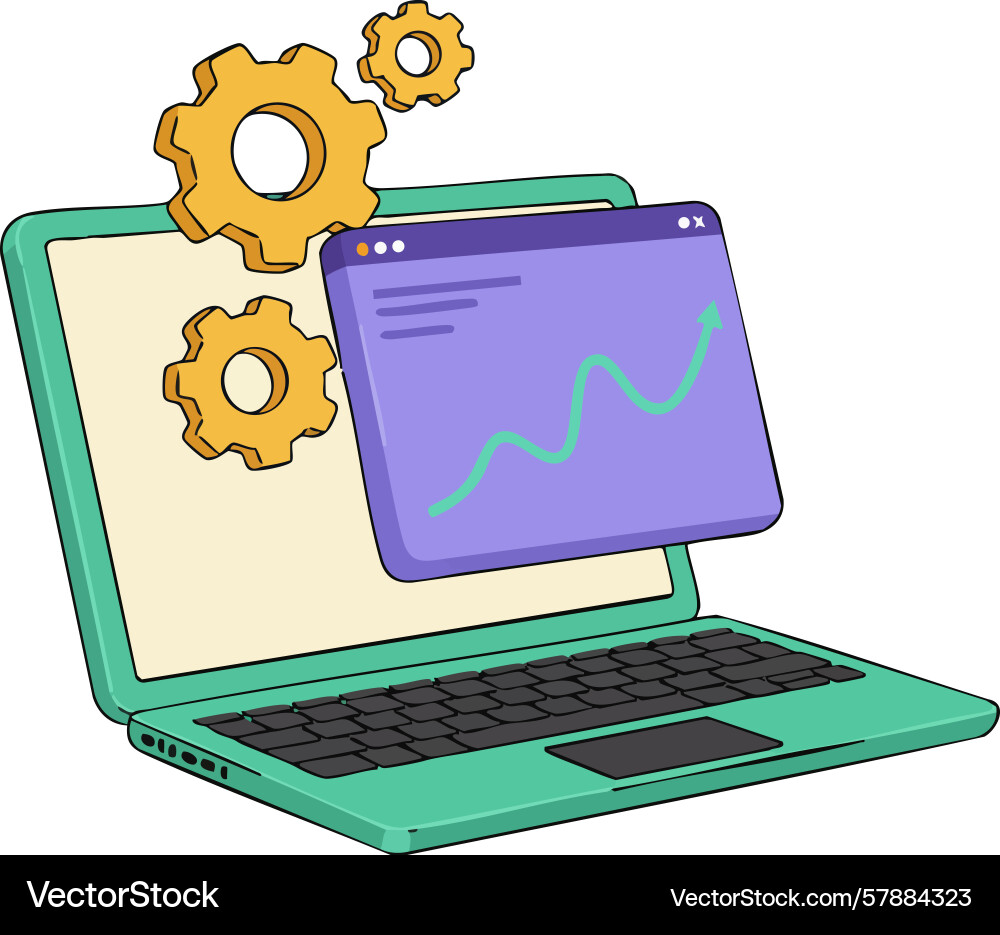 Laptop with gears and analytics chart showing Laptop with gears and analytics chart showing vector image