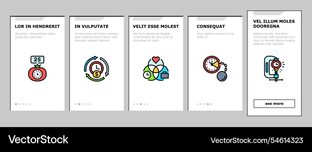Time management clock work onboarding icons set Vector Image