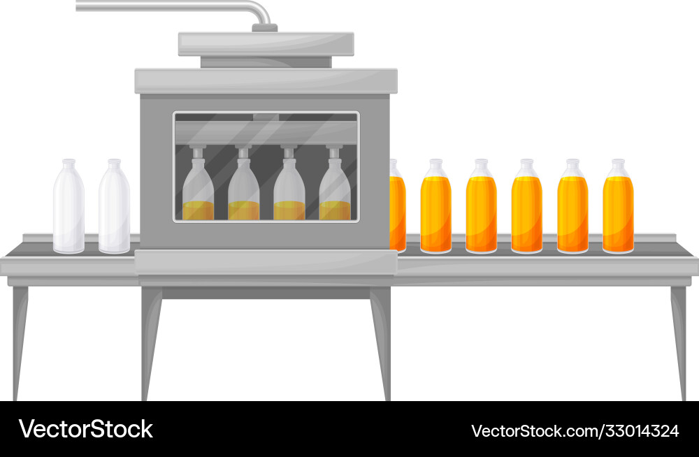 Conveyor belt with orange juice bottling stage Conveyor belt with orange juice bottling stage vector image