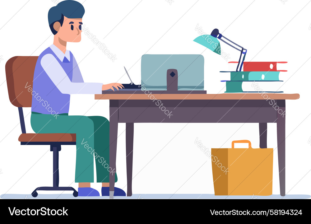 Man Working on Computer with Papers Vector Image