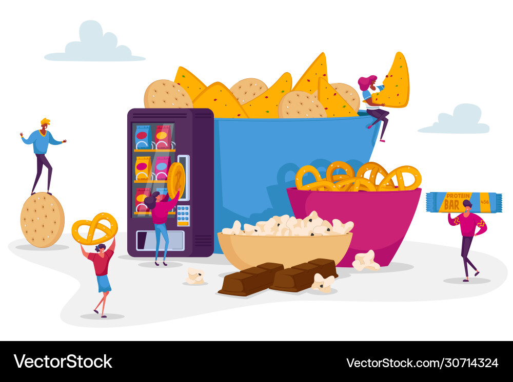 People eating snacks concept tiny male and female People eating snacks concept tiny male and female vector image