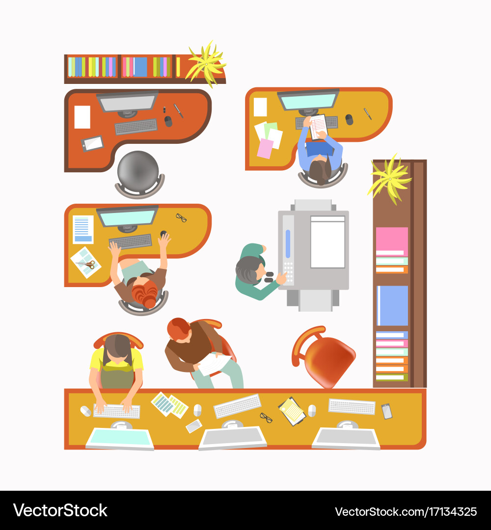 Angular office tables and workers that do job vector image
