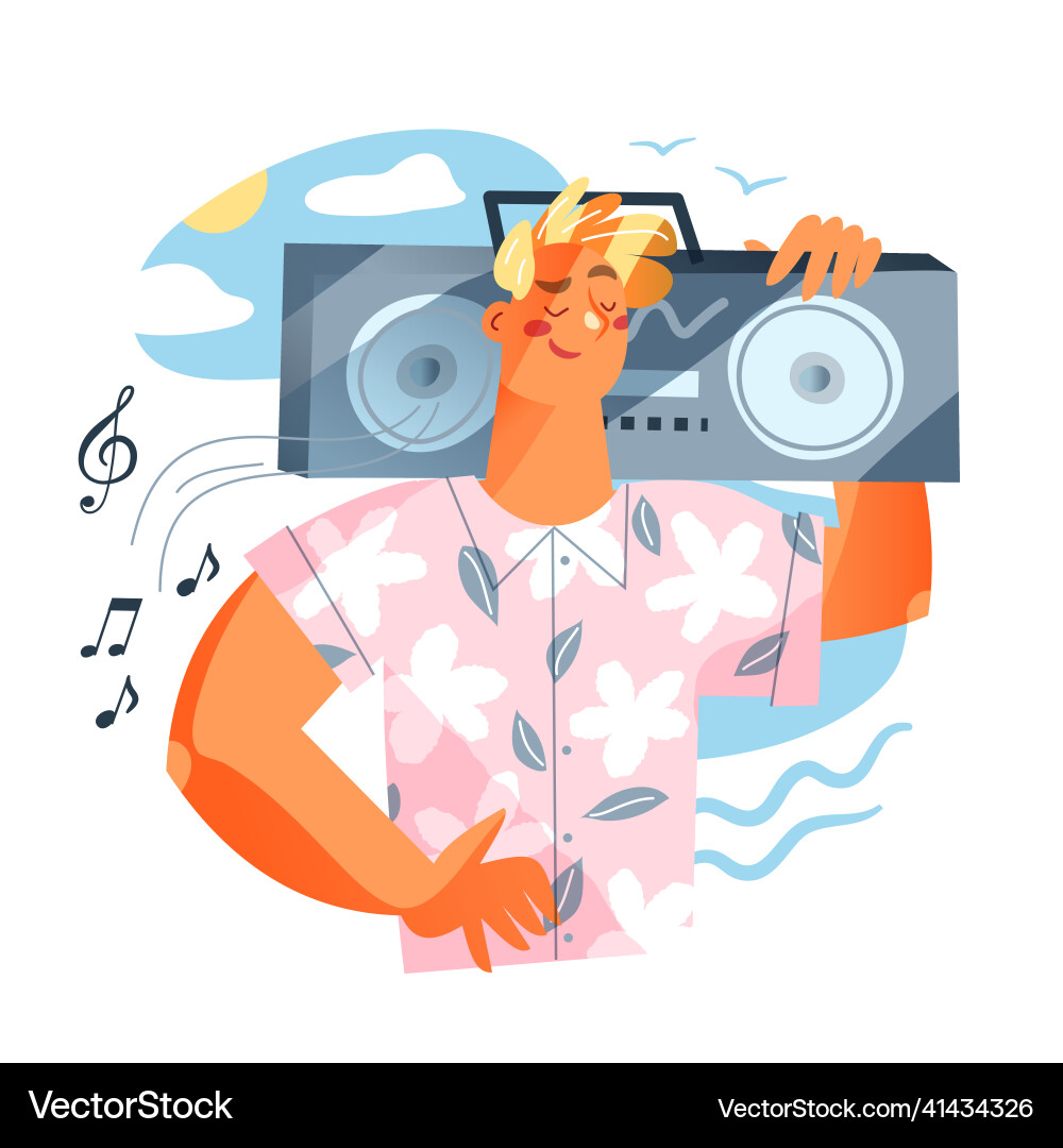 Junge Mann mit Boombox hören Musik männlich Junge Mann mit Boombox hören Musik männlich vektorbild