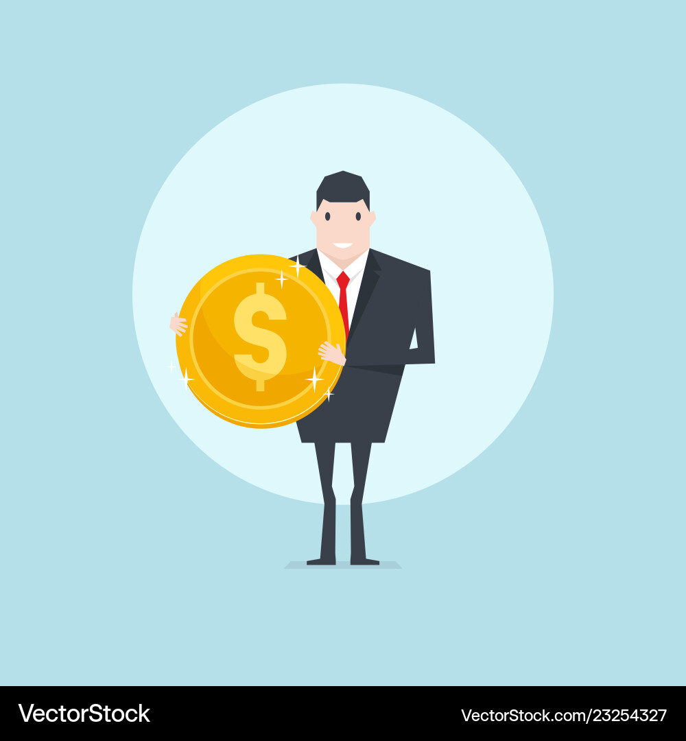 Businessman holding golden coin in hand Businessman holding golden coin in hand vector image