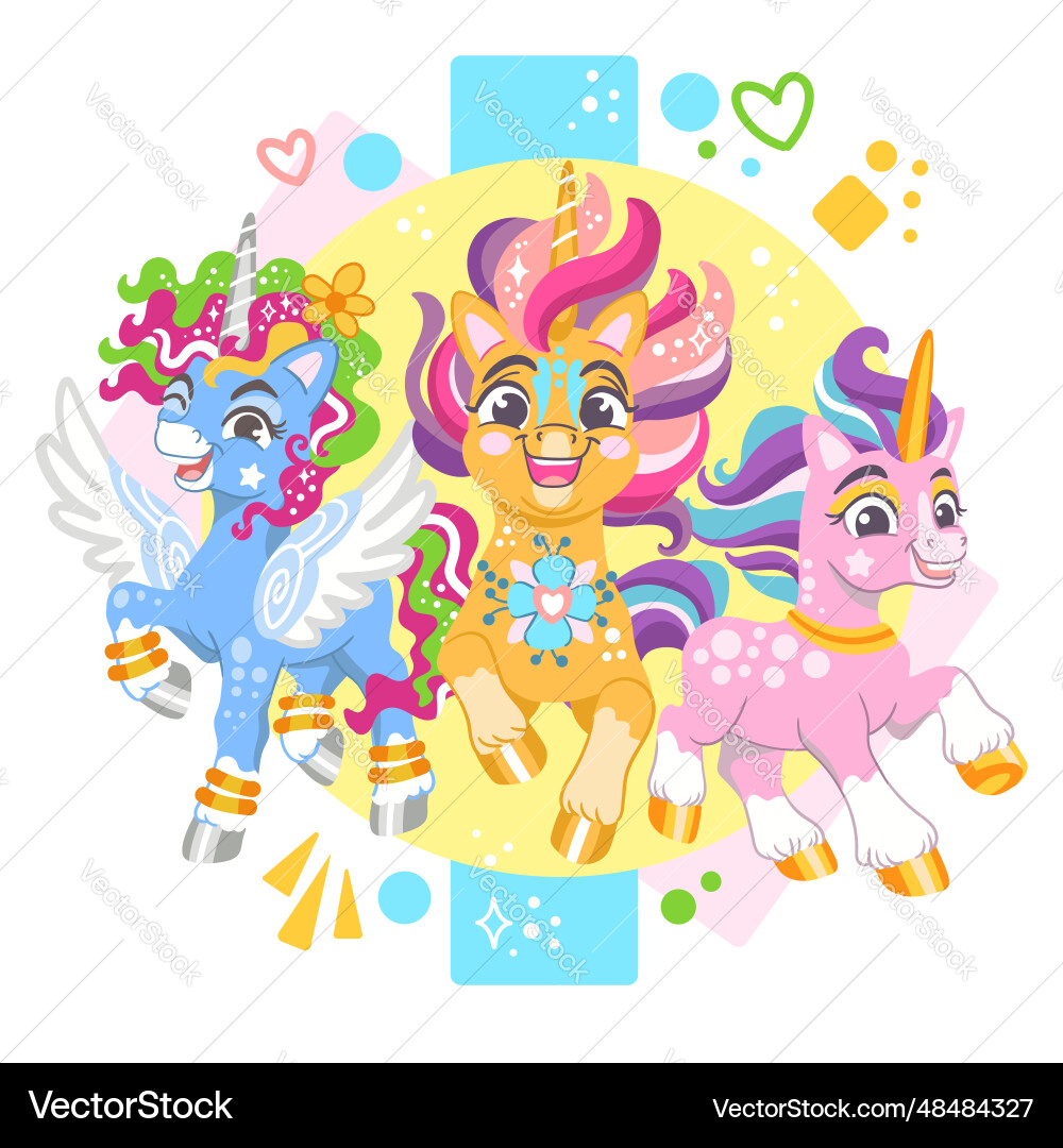 Cute cartoon characters three cool unicorns Cute cartoon characters three cool unicorns vector image