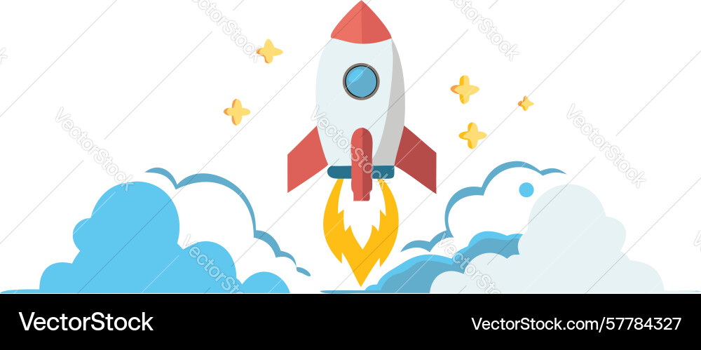 Dynamic rocket launch from fluffy clouds design vector image