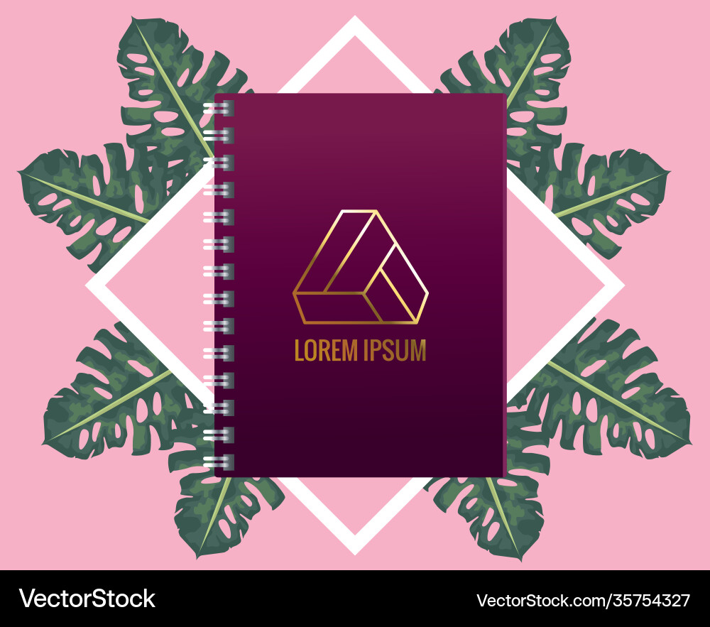 Notebook with triangle emblem mockup leafs vector image