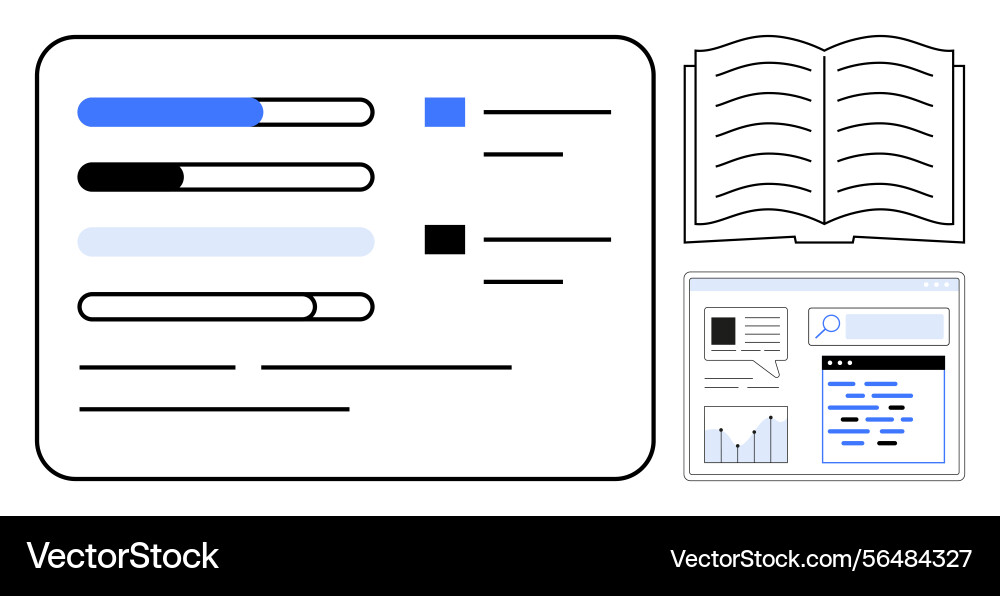 Progress bars open book and website interface vector image