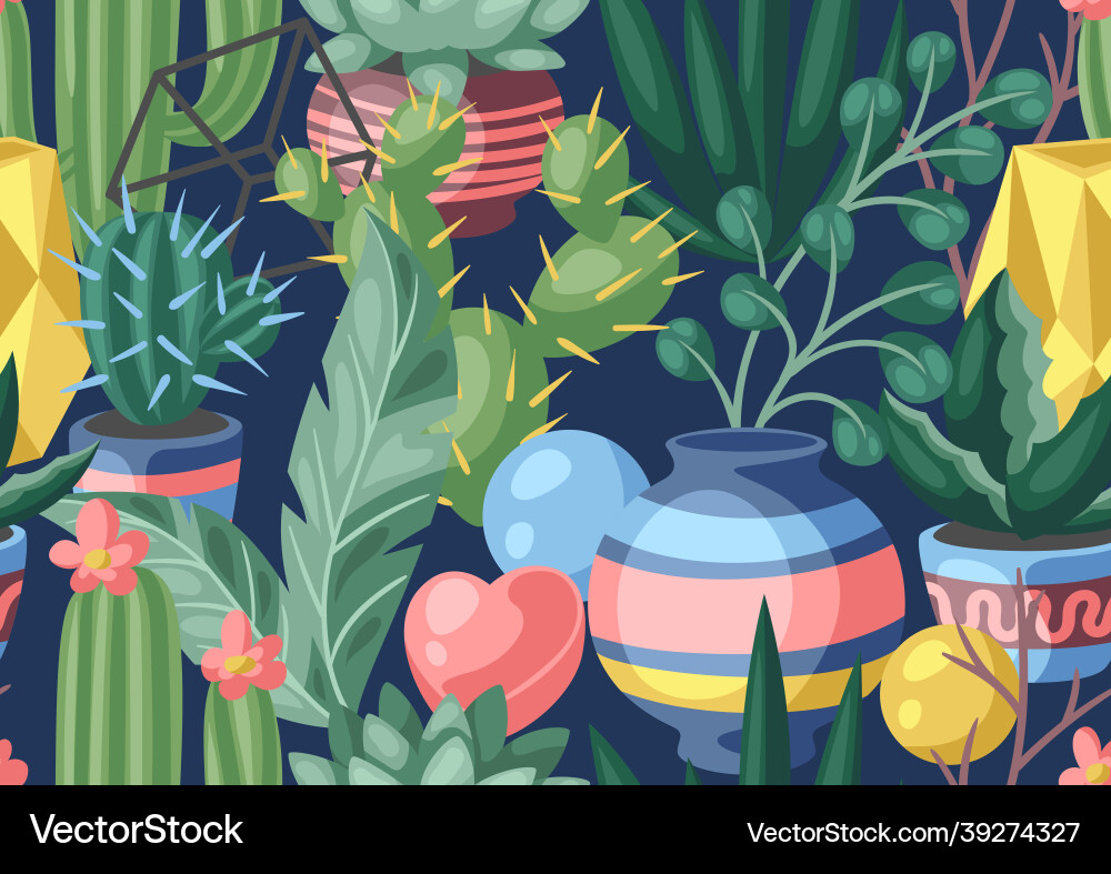 Seamless pattern with cactuses and succulents vector image
