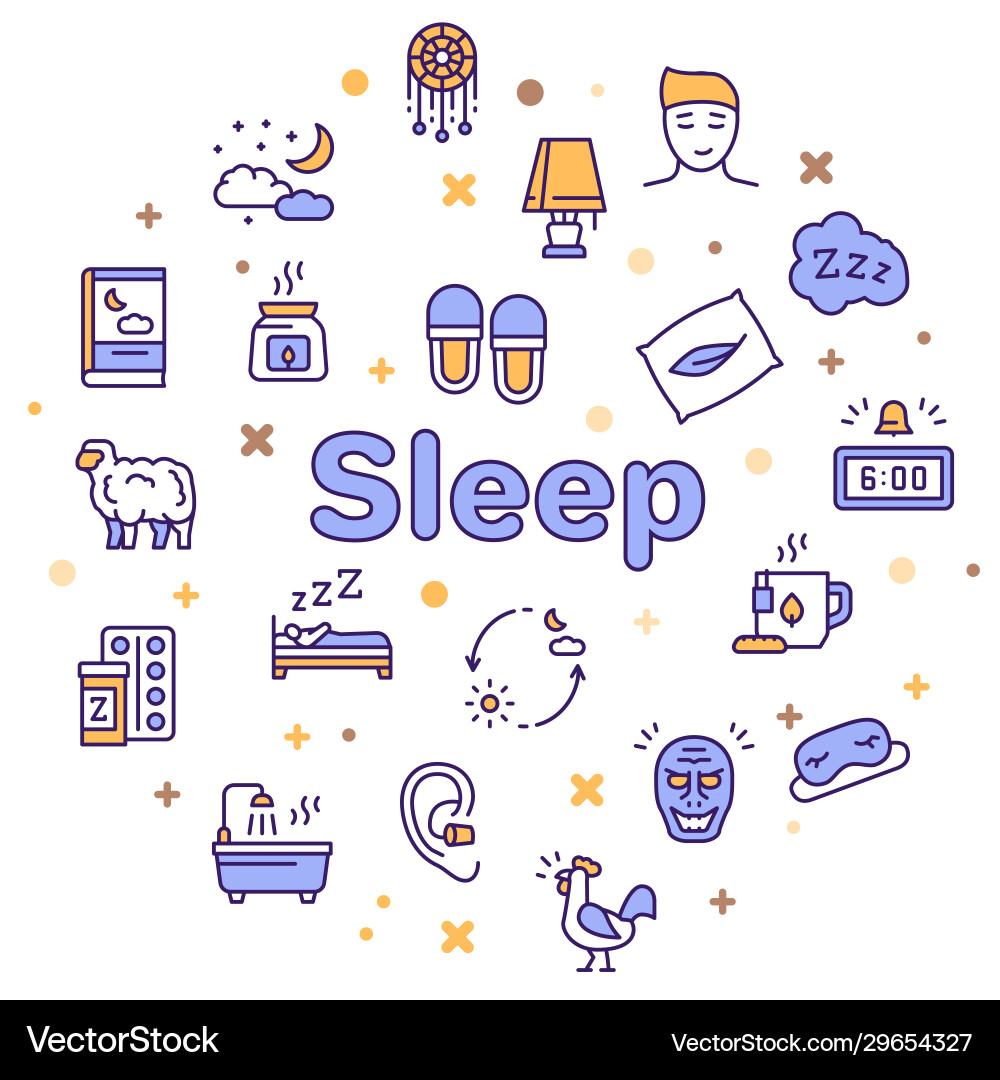 Sleep and insomnia color linear icons set Sleep and insomnia color linear icons set vector image