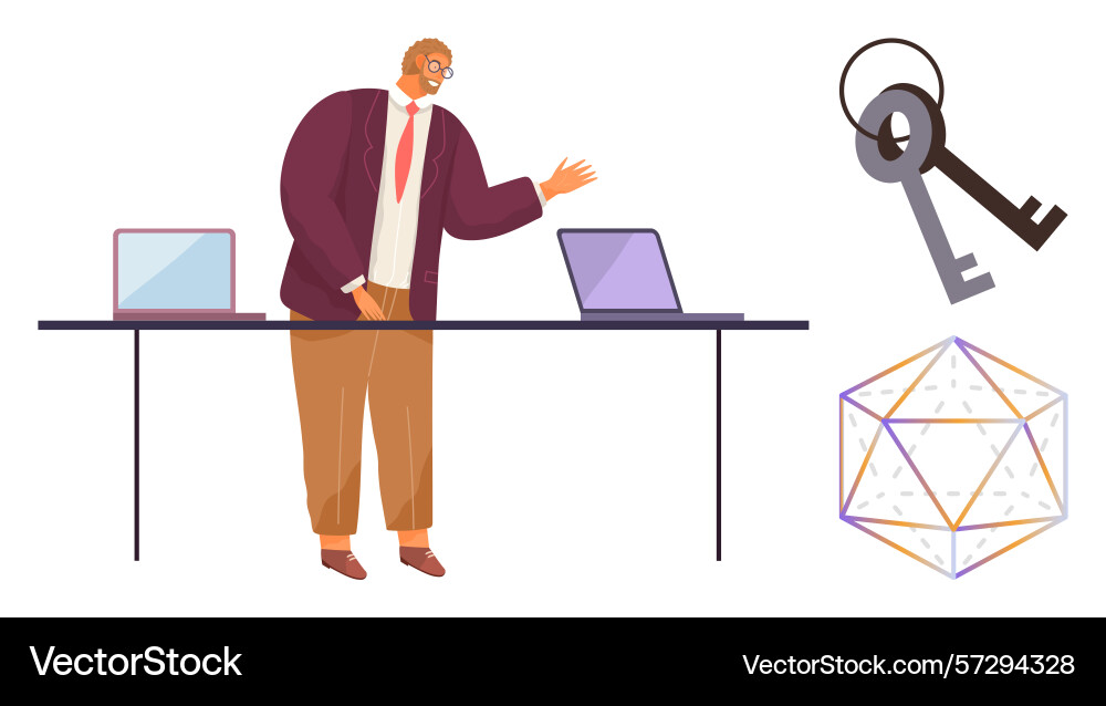Businessman presenting data with laptops keys Businessman presenting data with laptops keys Vector Image