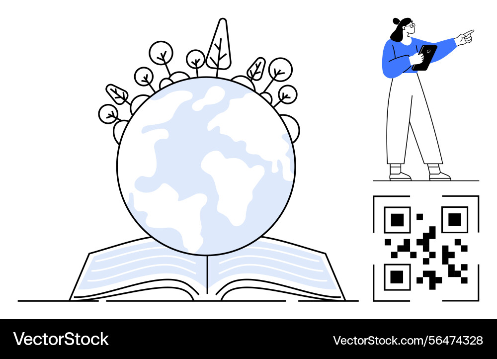 Globe resting on open book with qr code and woman Globe resting on open book with qr code and woman vector image