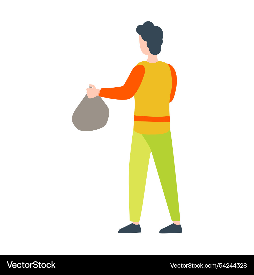 Man holds trash bag and collecting garbage in flat vector image